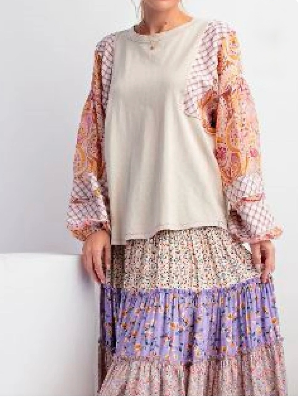 NWT: Easel Boho Mixed Patchwork Long Sleeve Top in Cream and Lavender• Medium